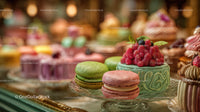 Colorful Macarons and Strawberry Topped Decorative Cake Display