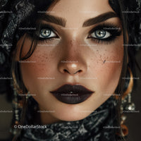 Close-up of a Woman with Piercing Blue Eyes and Dark Makeup