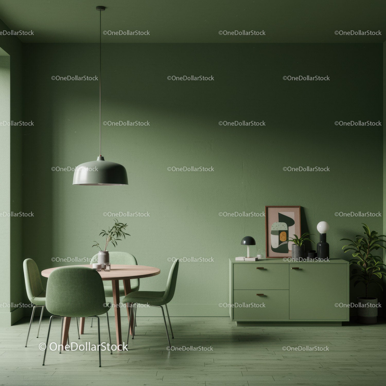 Modern Green Interior with Dining Area and Decor Elements
