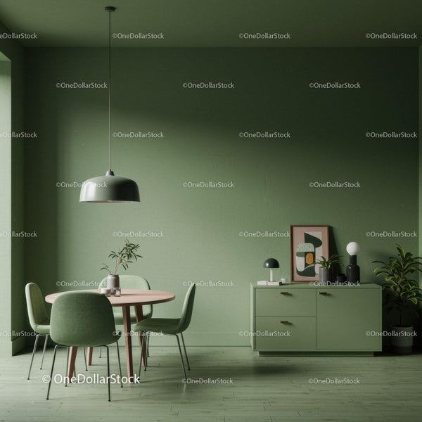 Modern Green Interior with Dining Area and Decor Elements