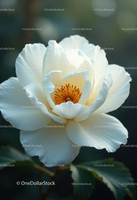 Elegant White Peony Blossom with Yellow Stamens in Spring Garden