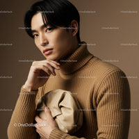Elegant Male Model in Beige Turtleneck with Clutch in Studio Setting