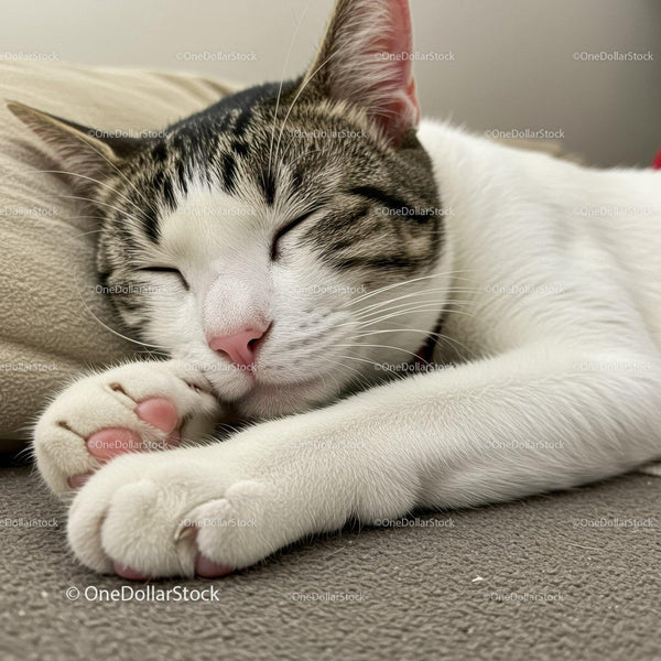 Content tabby cat peacefully napping on cozy blanket