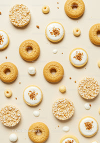 Assorted Light Cookies and Rice Cakes on Beige Background
