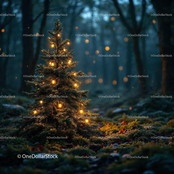 Small Christmas Tree Glowing with Warm Lights in Forest