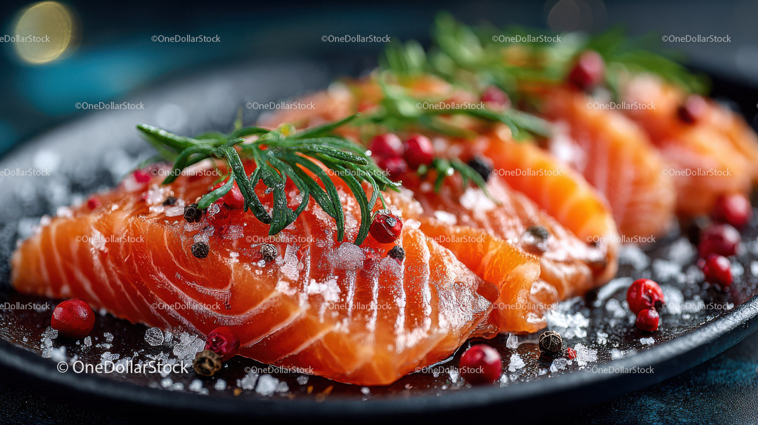 Fresh Salmon Fillet Garnished with Herbs and Pomegranate Seeds