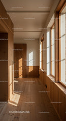 Bright Sunlit Room with Wooden Paneling and Large Windows