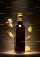 Dark Bottle of Ginger Extract Surrounded by Ginger Slices