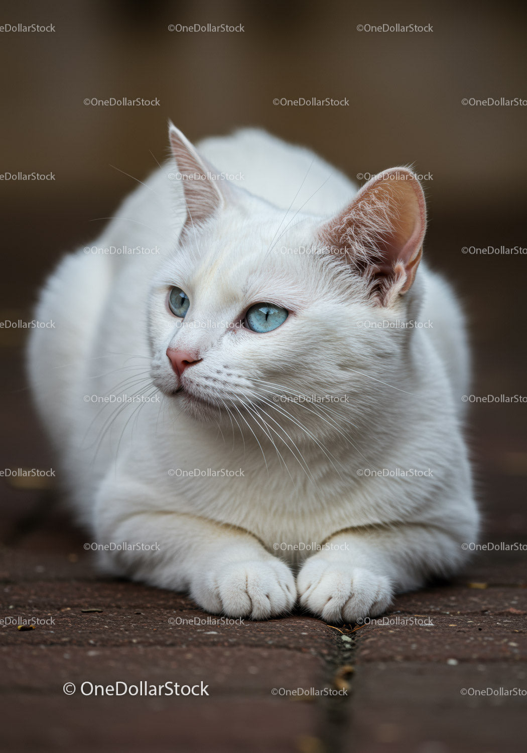 White cat with blue eyes resting on brick pavement