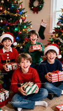 Happy boys celebrating Christmas with gifts at home