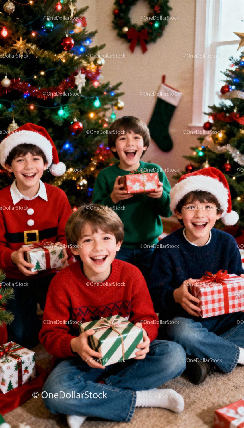 Happy boys celebrating Christmas with gifts at home
