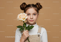 Young Girl with Pale Peach Rose Portrait on Soft Beige Background