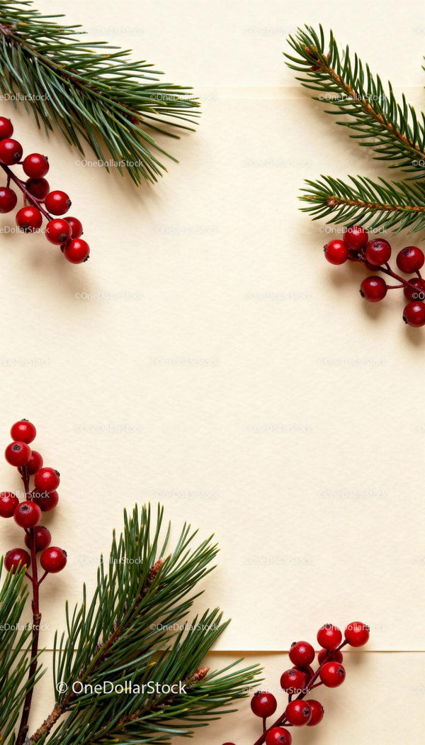 Pine branches and red berries on cream paper background