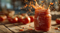 Splashing Strawberry Jam in a Glass Jar with Fresh Strawberries