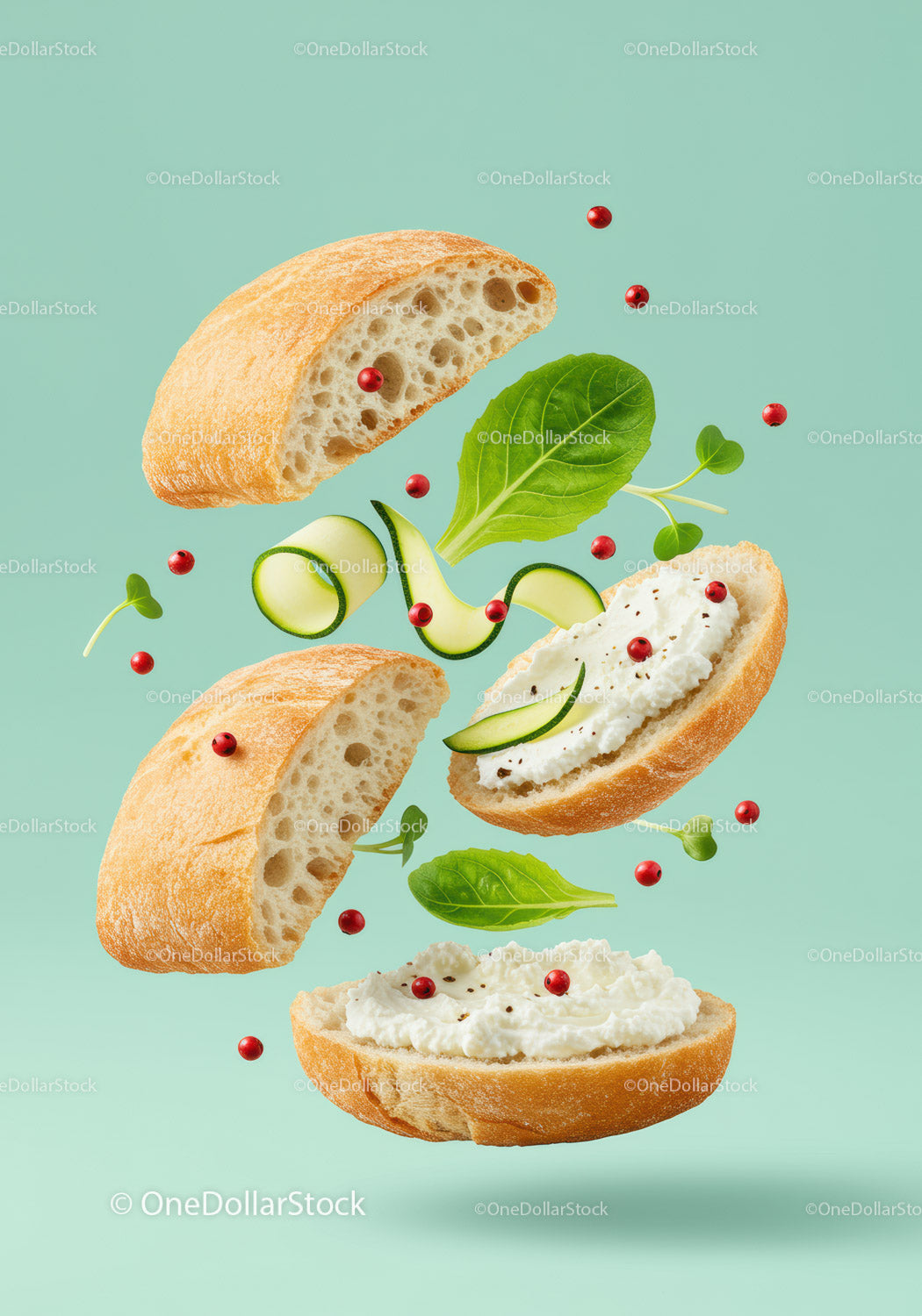 Fresh sandwich ingredients floating on pastel background