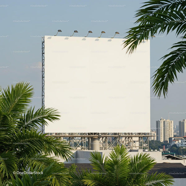 Blank Outdoor Billboard Surrounded by Green Palm Leaves JPG Mockup Image