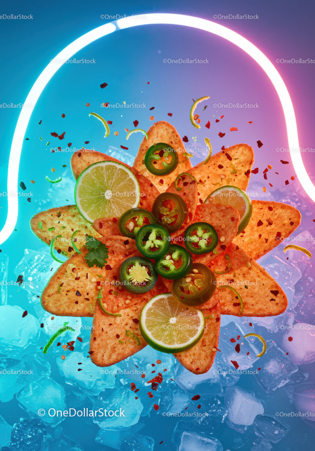 Spicy nachos with jalapeno and lime on ice background