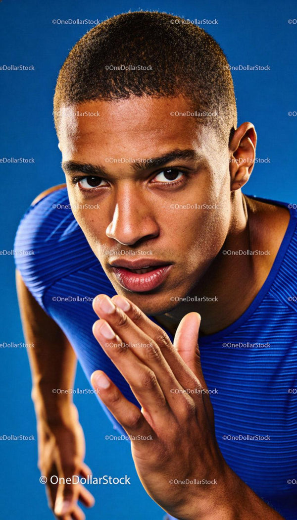 Focused male athlete in blue sprinting stance