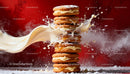 Stack of creamy sandwich cookies with vanilla splash