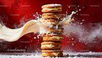 Stack of creamy sandwich cookies with vanilla splash