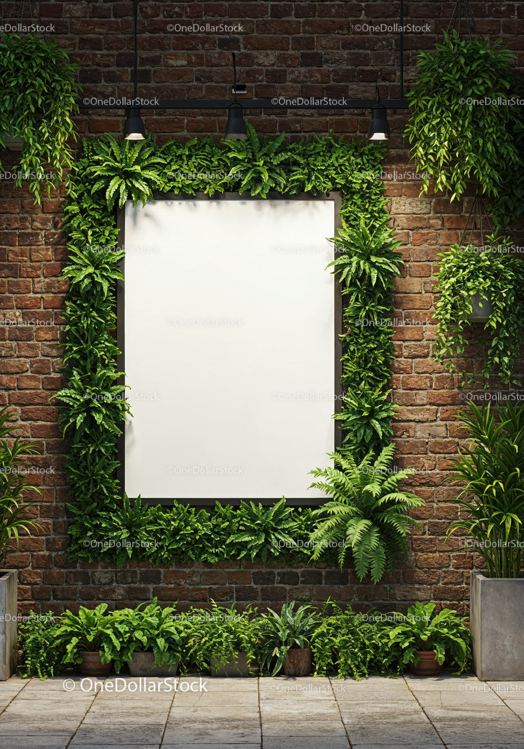 Blank white square board surrounded by green plants on brick wall