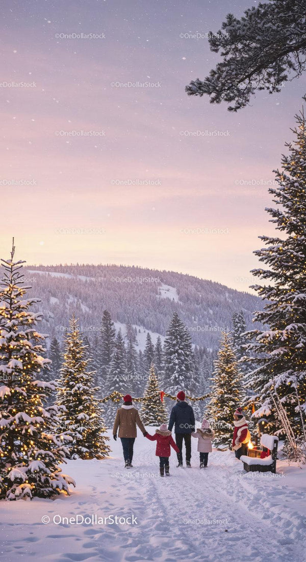 Family Walking Through Snowy Christmas Tree Farm