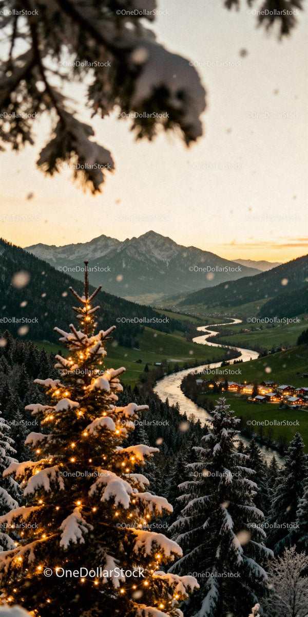 Snowy Mountain Valley with Festive Illuminated Tree