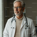 Senior Male Doctor with Glasses and Stethoscope in Medical Environment