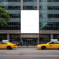 City street with yellow taxis and blank billboard JPG Mockup Image preview