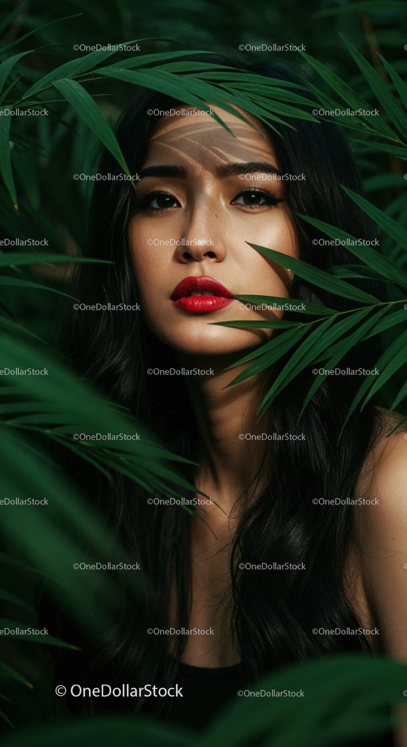Striking Woman with Red Lips amid Lush Green Tropics