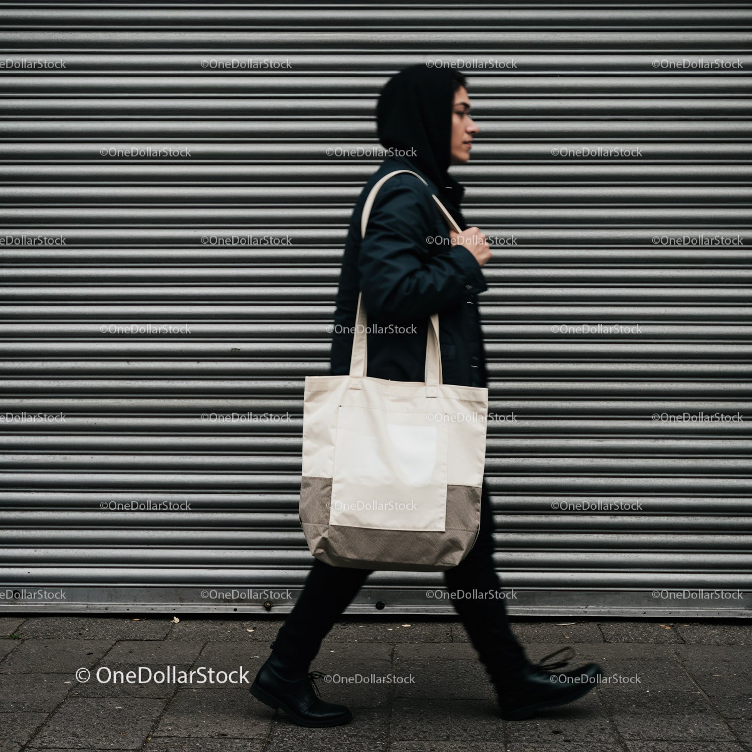 Person Walking Along Urban Metal Shutter Wall