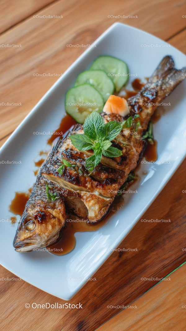 Grilled Fish with Cucumber and Herb Garnish on Plate