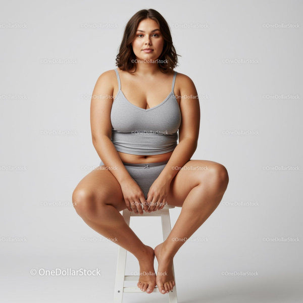 Confident Plus Size Woman Sitting Cross Legged on a Stool in Casual Wear