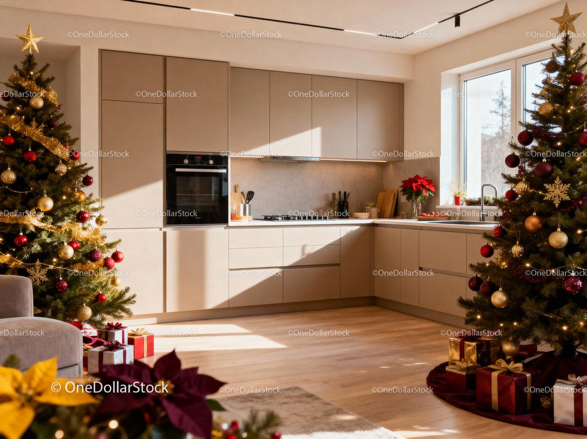 Modern kitchen warmly decorated for Christmas celebration