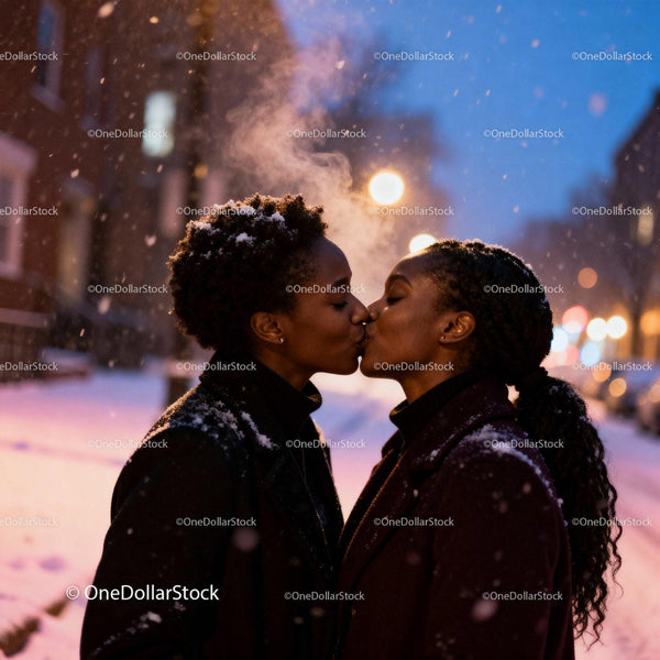 Couple sharing a tender kiss on snowy winter evening