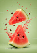 Fresh watermelon slices with juice splash on green background