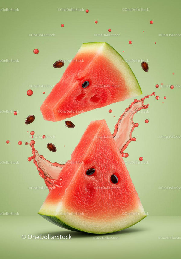Fresh watermelon slices with juice splash on green background