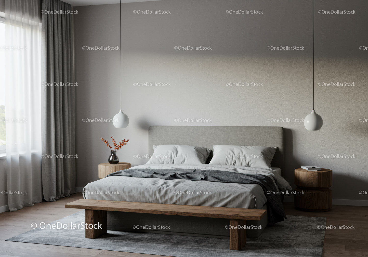Minimalistyczna, nowoczesna sypialnia z miękką pościelą i drewnianymi akcentami