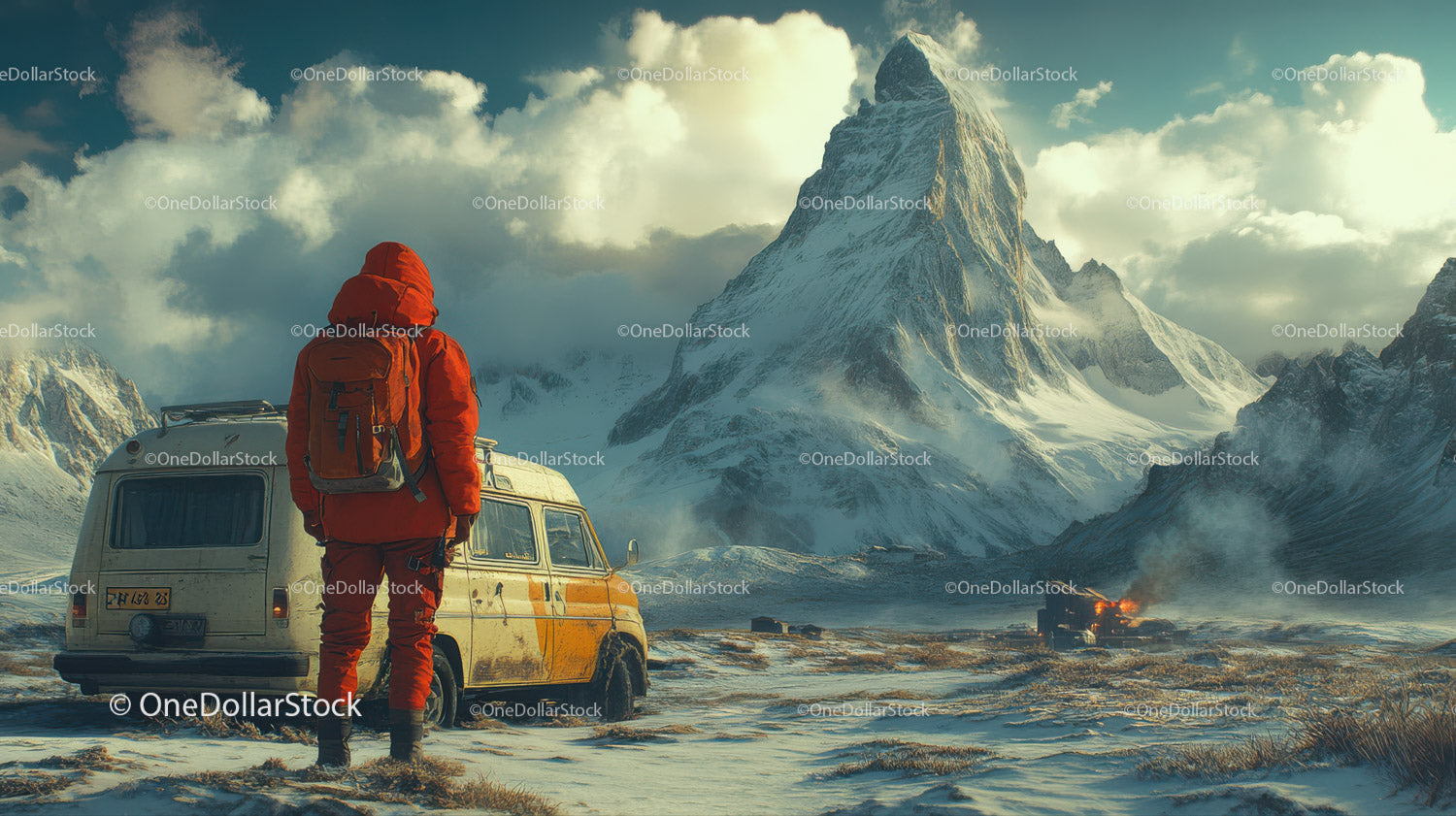 Snowy Mountain Peak with Hiker and Rugged Landscape