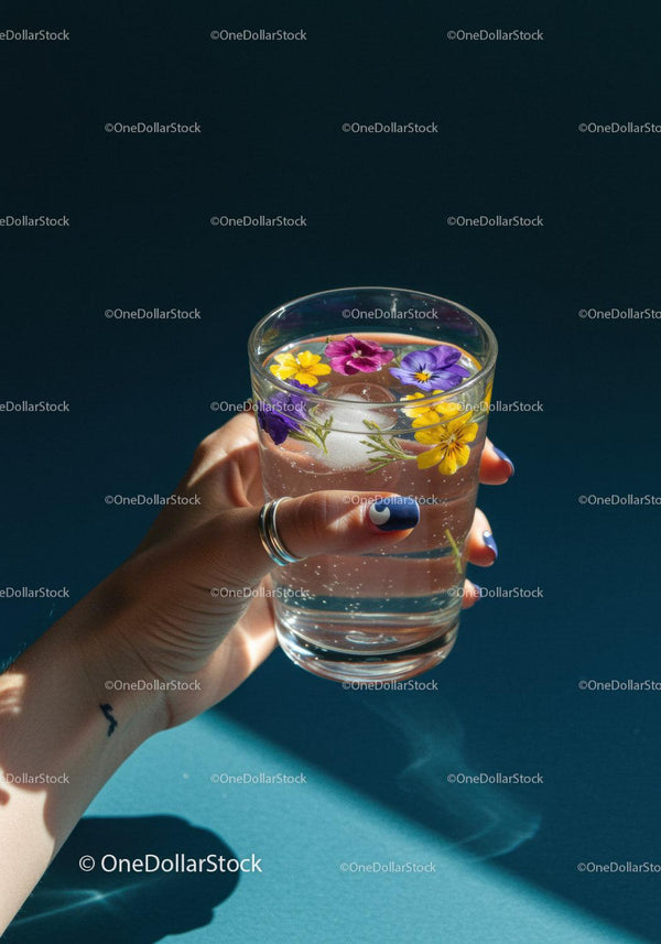 Hand Holding Floral Ice Water with Fresh Herbs