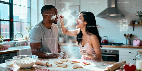 Couple Baking Heart Shaped Cookies and Laughing Together