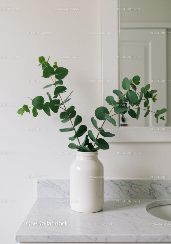 Elegant Eucalyptus Foliage in White Vase on Marble Surface