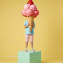Child holding oversized pink ice cream cone with strawberry