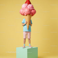Child holding oversized pink ice cream cone with strawberry