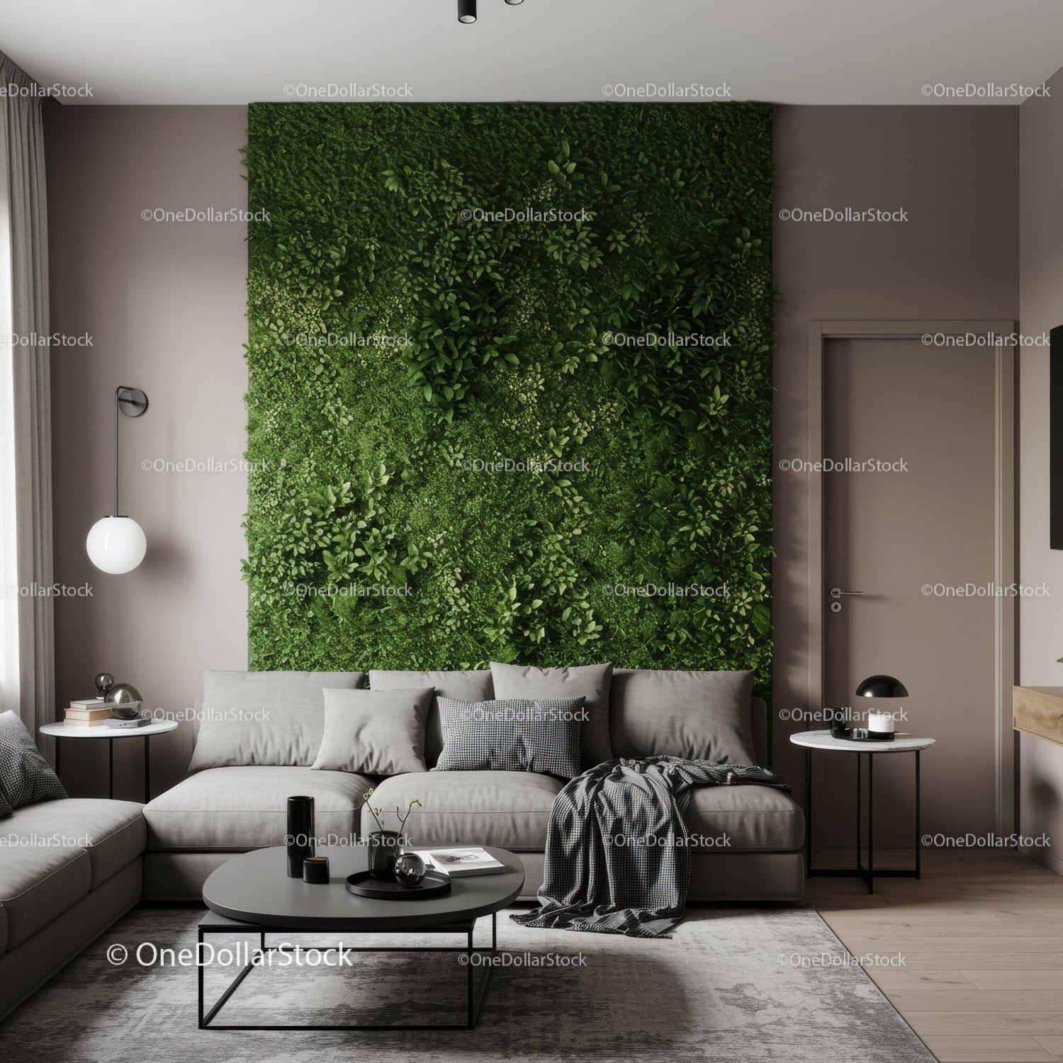 Modern Living Room with Lush Green Vertical Garden and Cozy Sofa