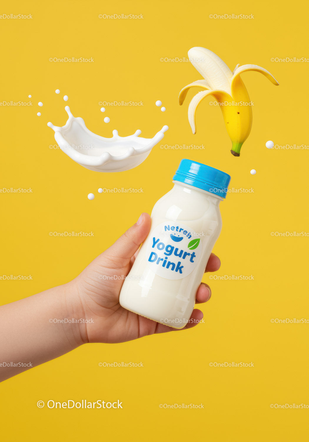 Hand Holding Yogurt Drink Bottle with Banana and Splash