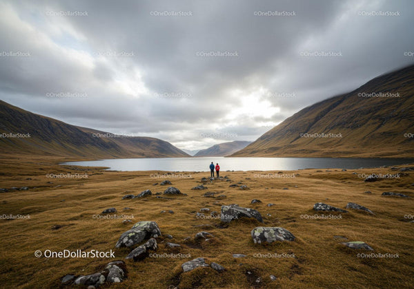 Scenic Highland Landscape with Mountainous Valleys and Lake View