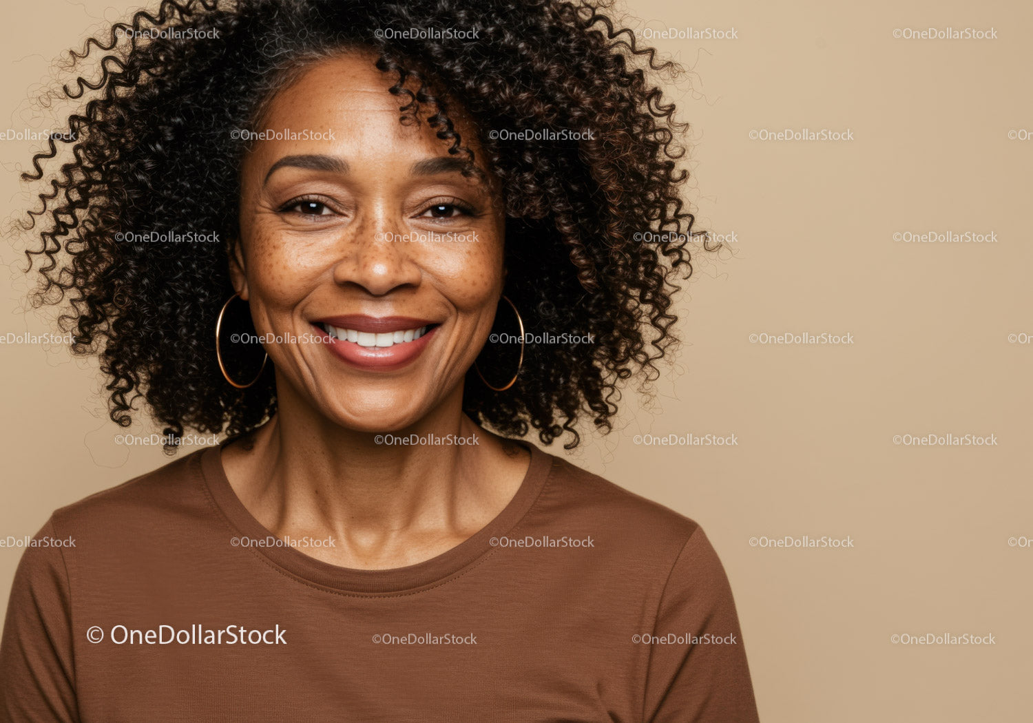 Confident Woman with Curly Hair Portrait in Warm Tones