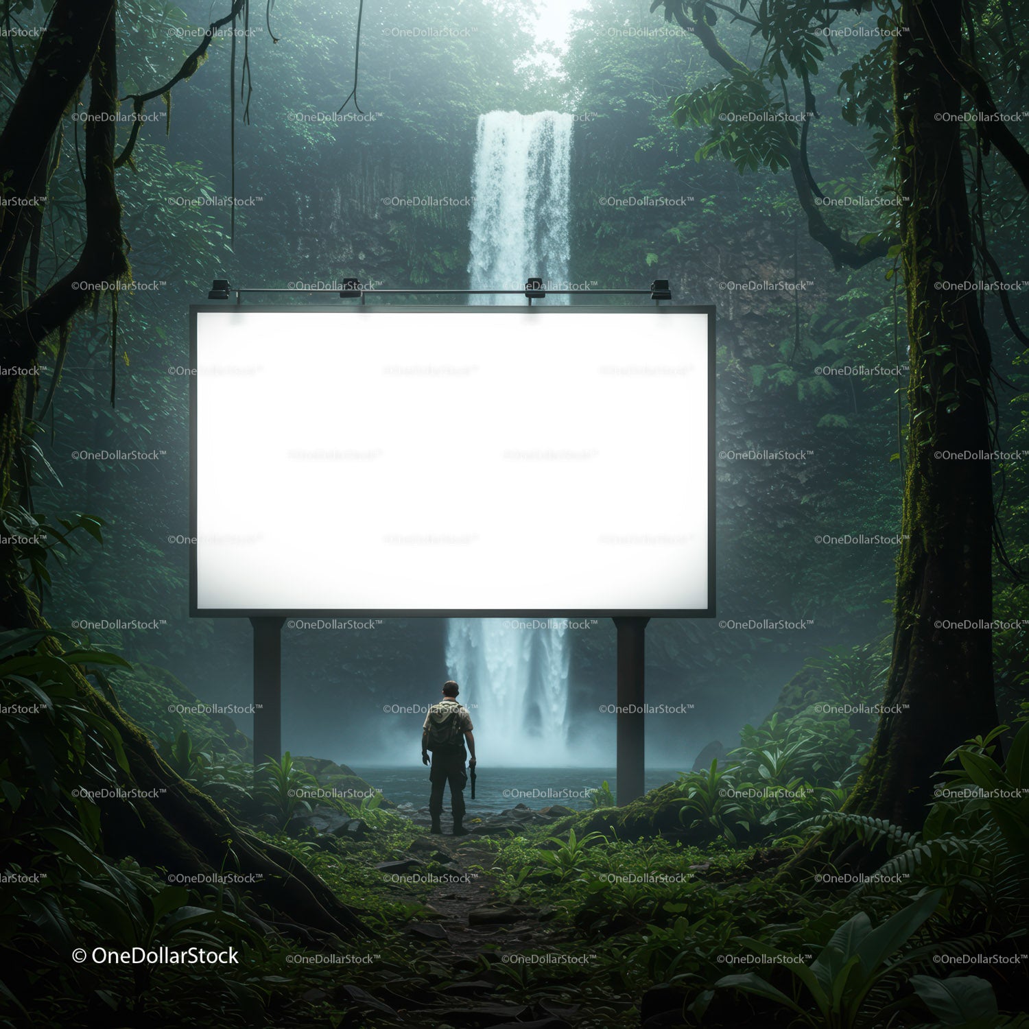 Man Standing Before Giant Billboard Near Waterfall