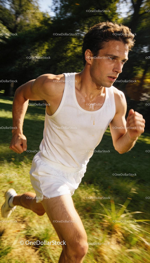 Focused male runner sprinting outdoors in summer sweat